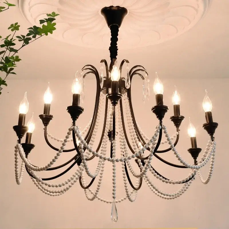 Antique bronze elegant black crystal chandelier pendant light with white pearls and crystal droplets for living room