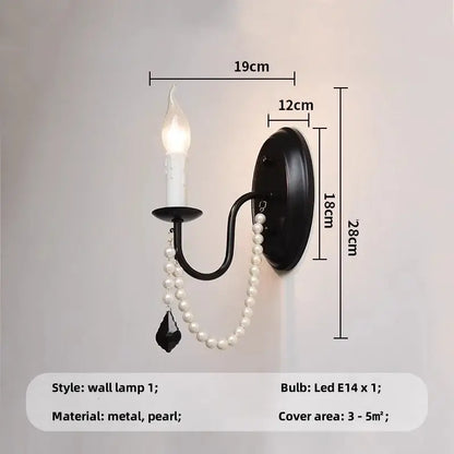 Elegant black crystal chandelier pendant light with black metal frame, pearl beads, and candle-style led bulb for living room