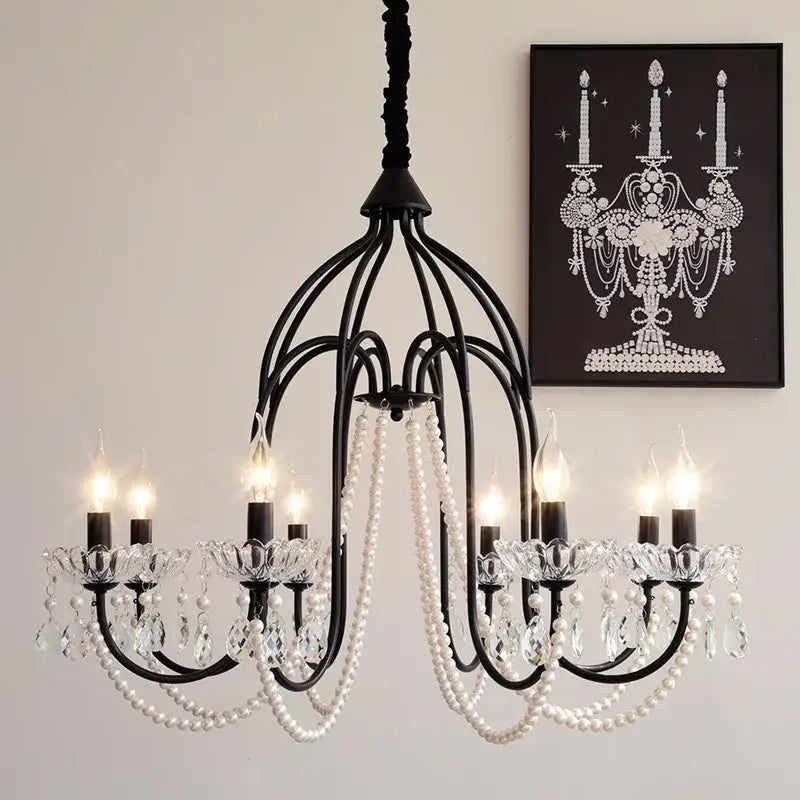 Elegant black crystal chandelier pendant light with wrought iron frame crystal accents and pearl strands for living room