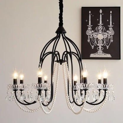 Elegant black crystal chandelier pendant light with wrought iron frame crystal accents and pearl strands for living room