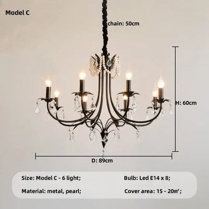 Elegant black crystal chandelier pendant light with six led lights, crystal droplets, and pearl accents for living room