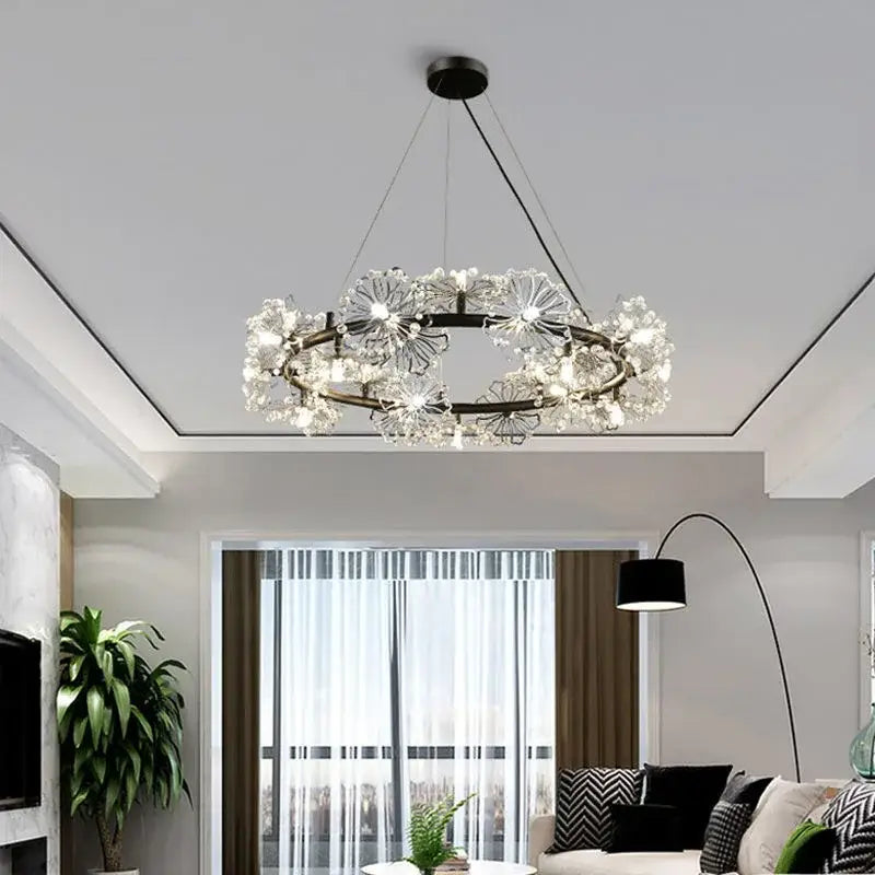 Elegant black dandelion flower chandelier led living room light with a modern circular black metal frame and crystal decorbites dandelion flower fixtures