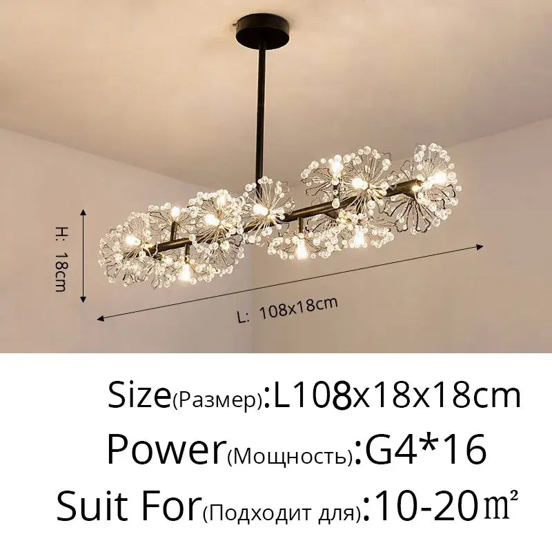 Elegant black metal dandelion flower chandelier with crystal clusters and 16 G4 bulbs for living room decorbites decor