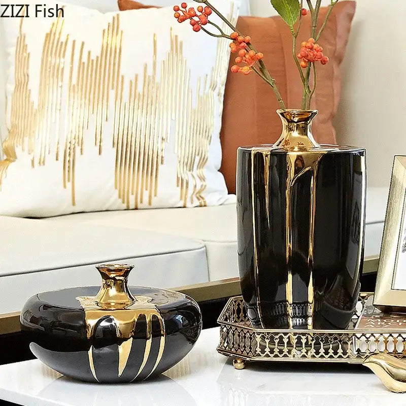 Elegant black gold ceramic vase with sleek vertical gold stripes for luxury living room decor