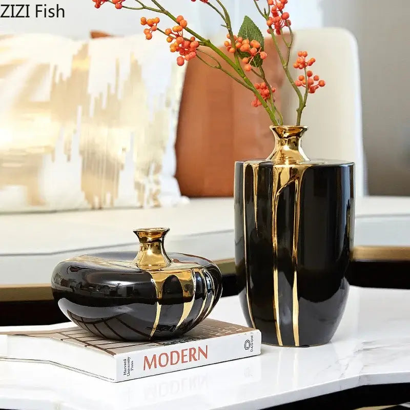 Elegant black gold ceramic vase set with glossy finish featuring tall slender and short rounded vases for luxury decor