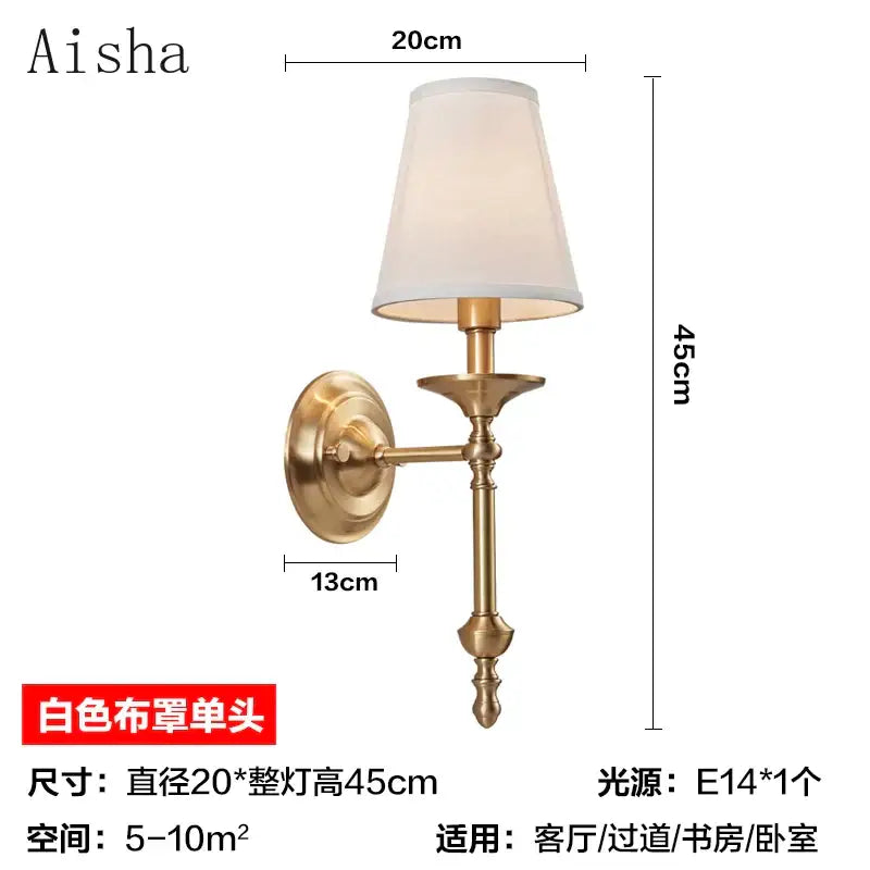 Aisha brand wall lamp with brass-finished metal frame and off-white fabric shade for decorbites black gold wall decor