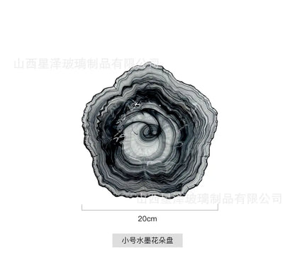 Elegant flower glass plate with black and white concentric spiral agate pattern for dining room decorbites elegant flower