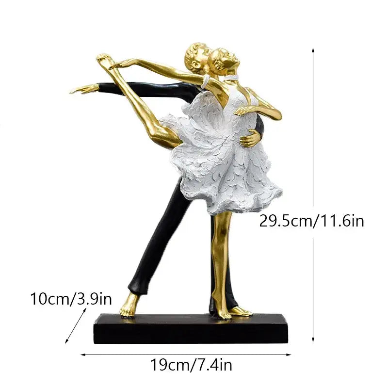 Elegant black and white ballet dance girl double statue featuring textured white dress for living room decor