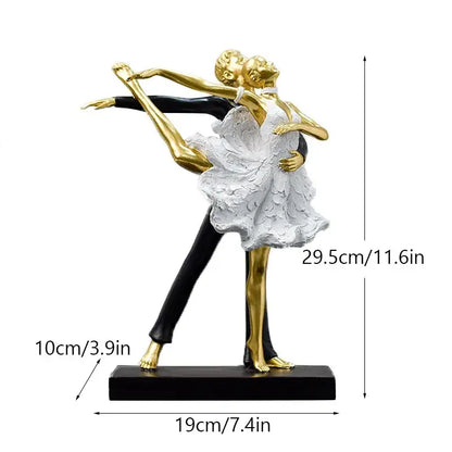 Elegant black and white ballet dance girl double statue featuring textured white dress for living room decor