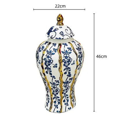 Elegant blue glazed ceramic ginger jar with intricate blue floral patterns and gold accents for living room decorbites blue glazed decor