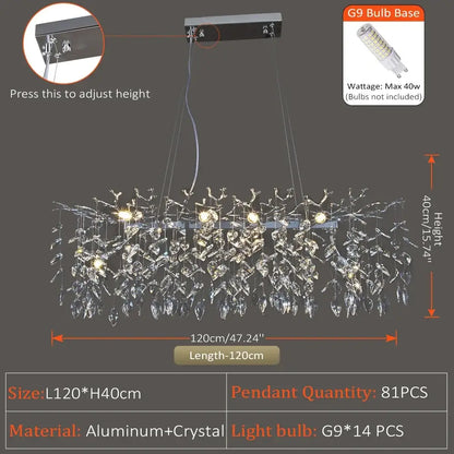 A modern rectangular pendant light with aluminum frame and cascading crystal leaves for elegant dining room decorbites crystal suspension
