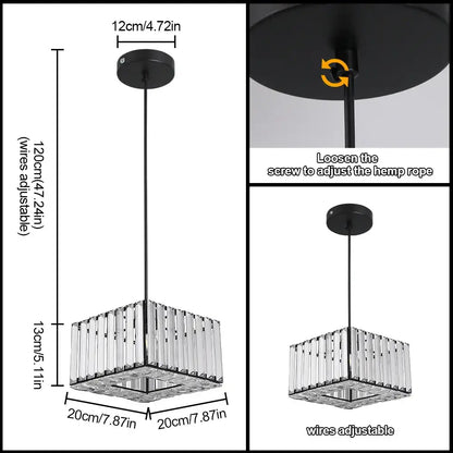 Elegant brass and crystal led pendant light with clear crystal rectangular chandelier and adjustable black metal wires for dining room decorbites crystal led
