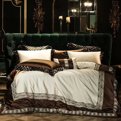 Elegant brown and cream satin bedding set with geometric trim in 200s embroidery egyptian cotton material