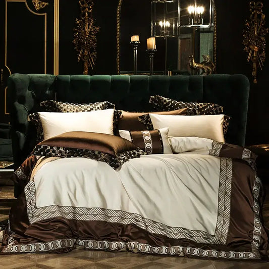 Elegant brown and cream satin bedding set with geometric trim in 200s embroidery egyptian cotton material