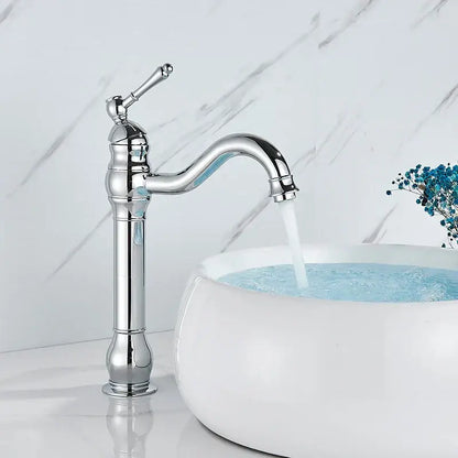 Elegant brushed nickel single handle sink faucet with chrome finish curved spout and decorative ridged detailing
