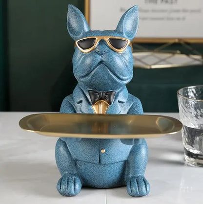 Elegant blue french bulldog figurine coin bank with gold-rimmed sunglasses and black bow tie for home decor and serving tray