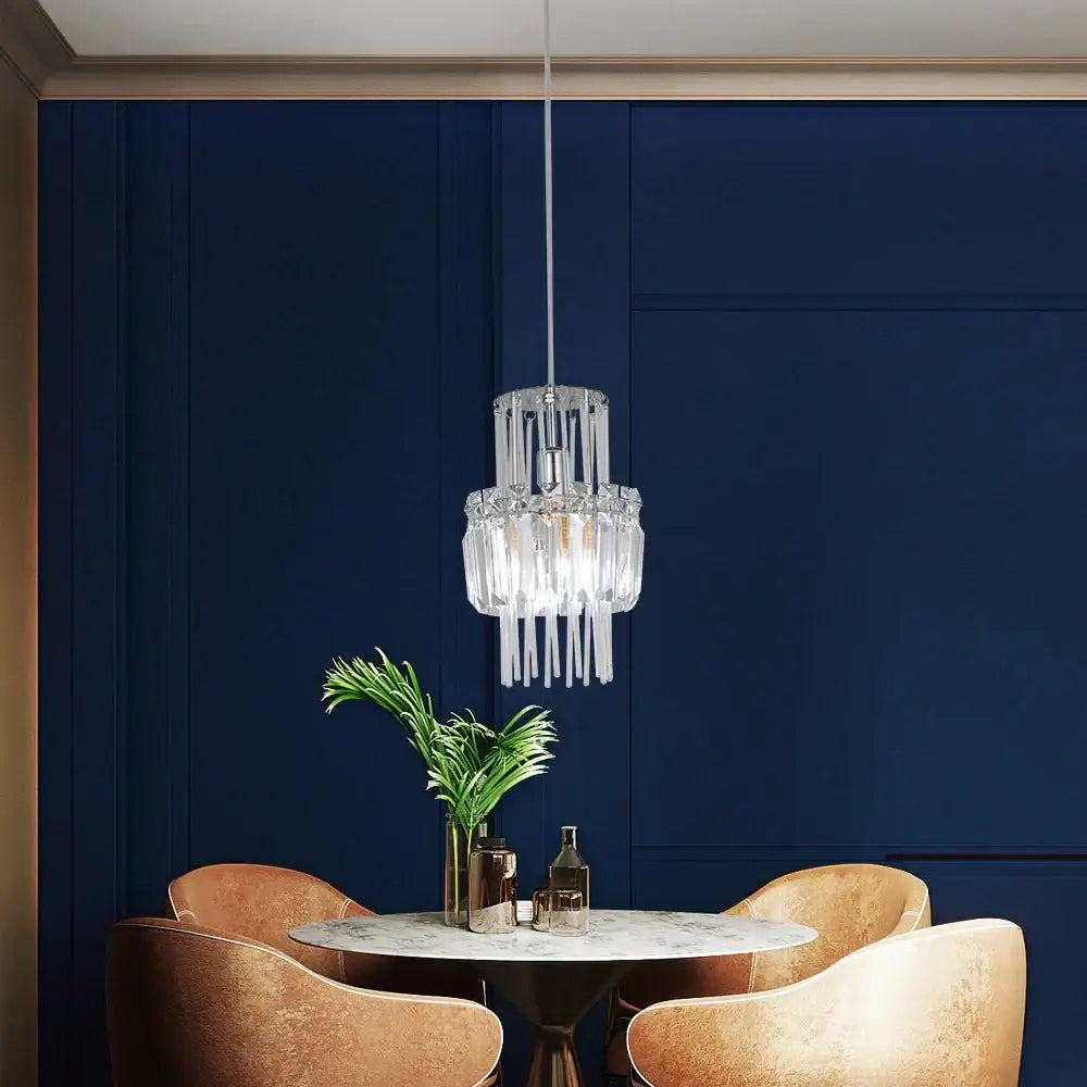 Elegant cascading crystal glass ceiling chandelier with tiered glass prisms and slender metallic chain for dining room decorbites crystal glass