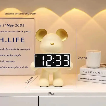 Elegant chrome cream-colored bear clock ornament with gold ears and digital display showing 12:33 for living room decor