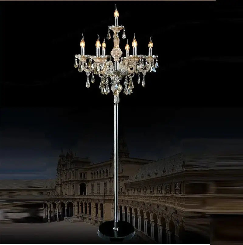 Elegant chrome crystal floor lamp with polished chrome stand and lit candle style bulbs for living room decorbites crystal floor lamp