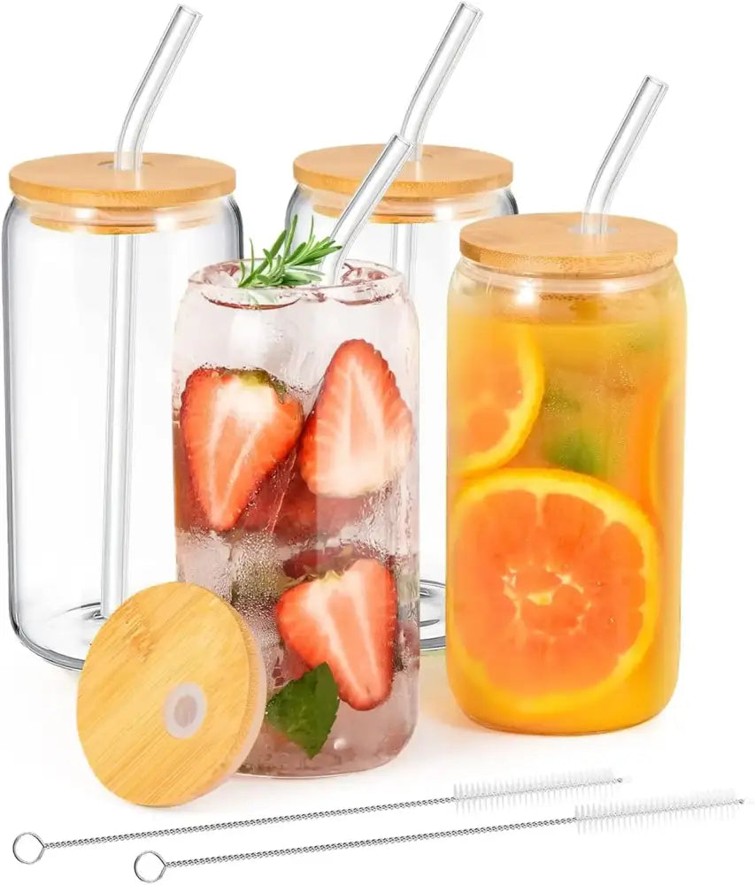 Elegant clear glass bubble tea cup set with bamboo lids and glass straws for iced beverages by decorbites glass bubble