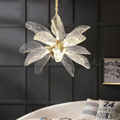 Elegant copper chandelier light with golden frame and translucent leaf glass petals for dining room decorbites elegant copper