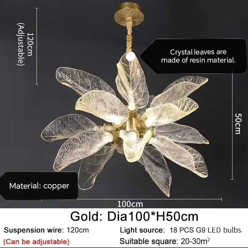Elegant copper chandelier light with gold-toned copper and translucent resin crystal leaves for dining room decorbites elegant copper