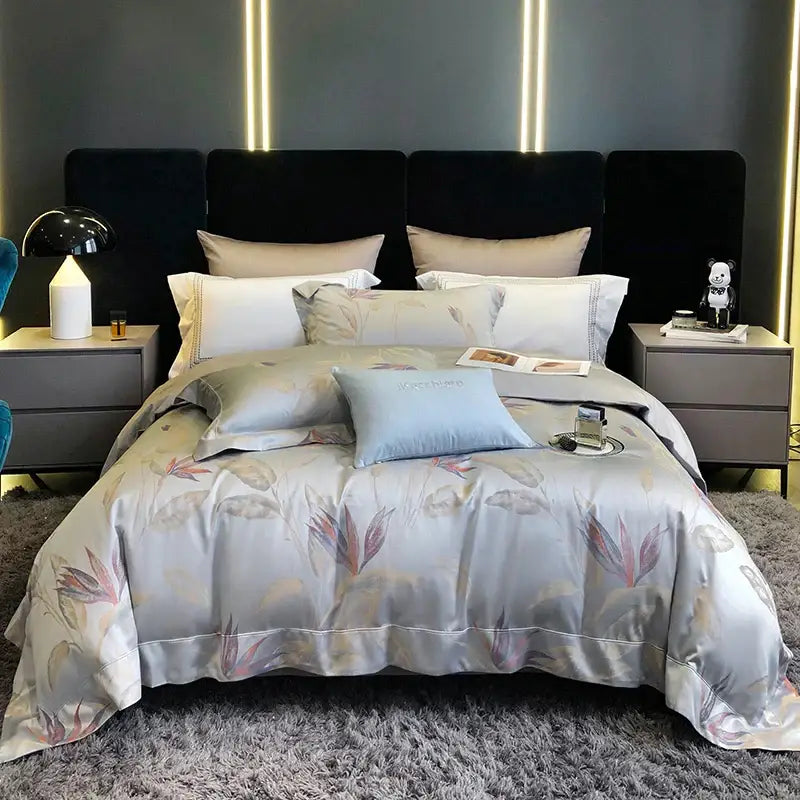 Elegant cream satin floral bedding set with silk-like gray and pink pattern made of decorbites 1200tc egyptian cotton