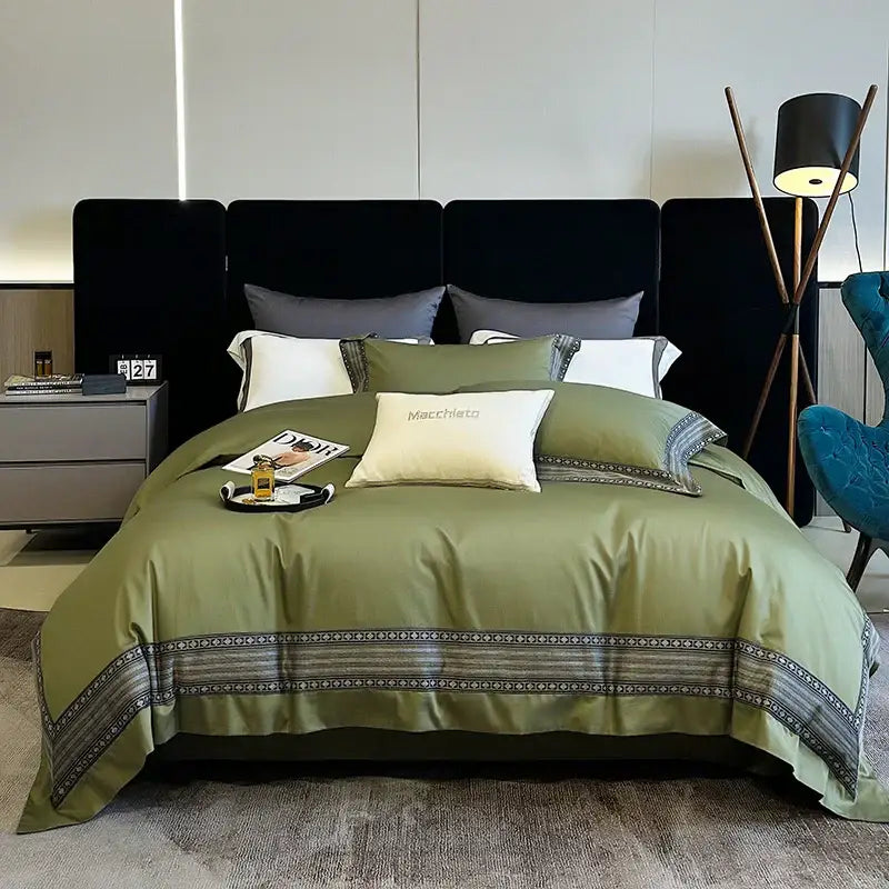 Olive green satin duvet cover with decorative border and matching pillowcases from decorbites 1200tc egyptian cotton bedding set
