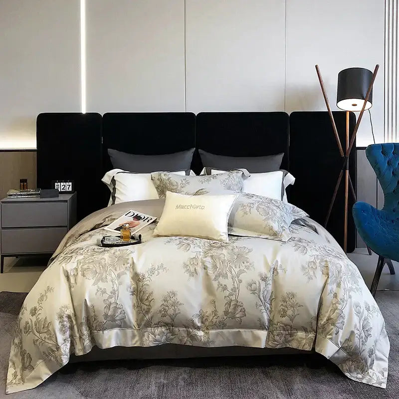 Elegant cream satin duvet cover with subtle gray floral embroidery in decorbites 1200tc egyptian cotton bedding set
