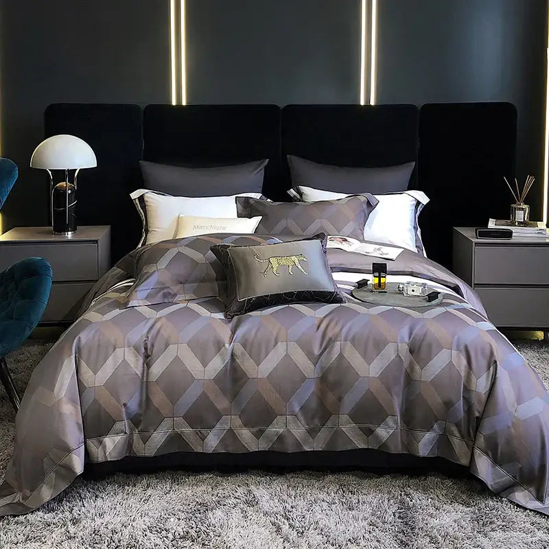 Gray geometric-patterned satin duvet cover set with embroidered golden leopard in decorbites 1200tc egyptian cotton bedding set