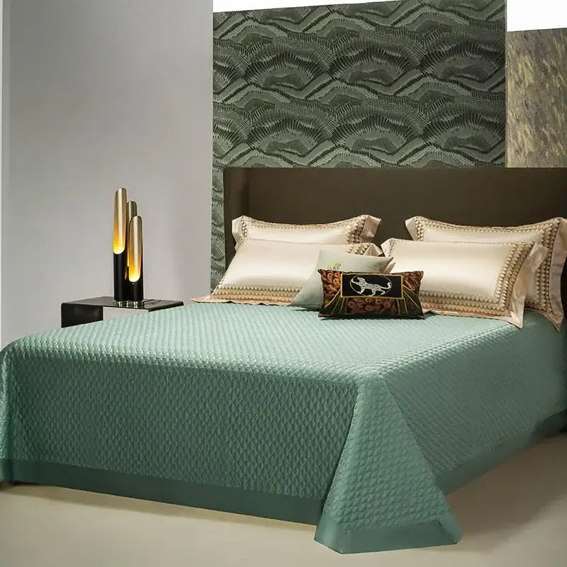 Teal quilted bedspread with diamond pattern in elegant cream and teal decorbites 1200tc egyptian cotton bedding set