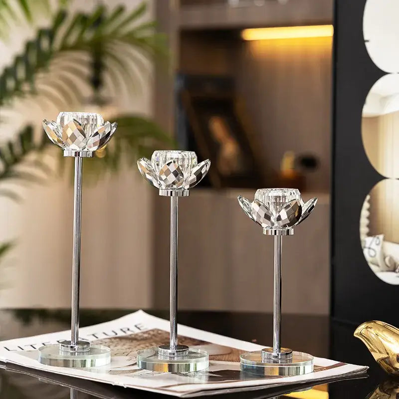 Elegant crystal and gold candle holder set with silver stems and clear bases for dining room decor