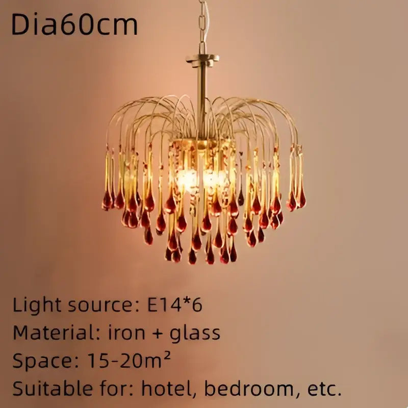 Elegant crystal ceiling chandelier with golden iron frame and amber clear glass teardrop pendants perfect for dining room decorbites elegant crystal
