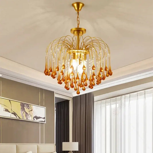 Elegant crystal ceiling chandelier with dangling amber and clear glass teardrop crystals for dining room decorbites elegant crystal
