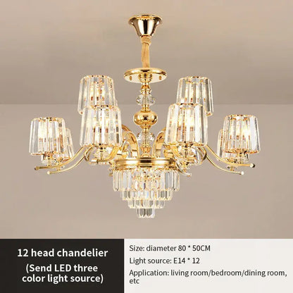 Elegant crystal chandelier gold living room lighting with twelve crystal-encased led lights and cascading cut glass tiers by decorbites elegant crystal