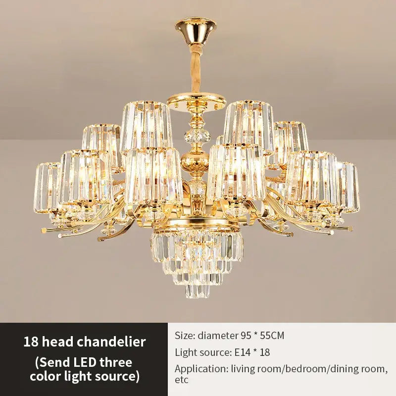 Golden chandelier with 18 crystal glass shades and polished brass finish for decorbites elegant crystal living room lighting
