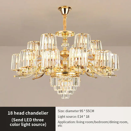 Golden chandelier with 18 crystal glass shades and polished brass finish for decorbites elegant crystal living room lighting