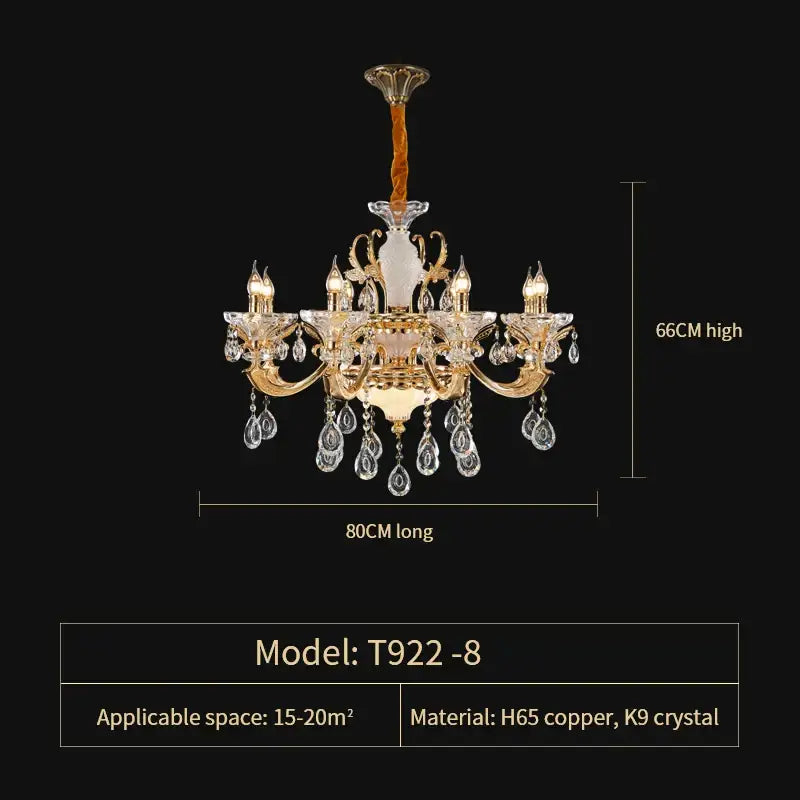 Elegant crystal chandelier with gold-toned copper arms and k9 crystal droplets featuring a white ceramic vase by decorbites elegant
