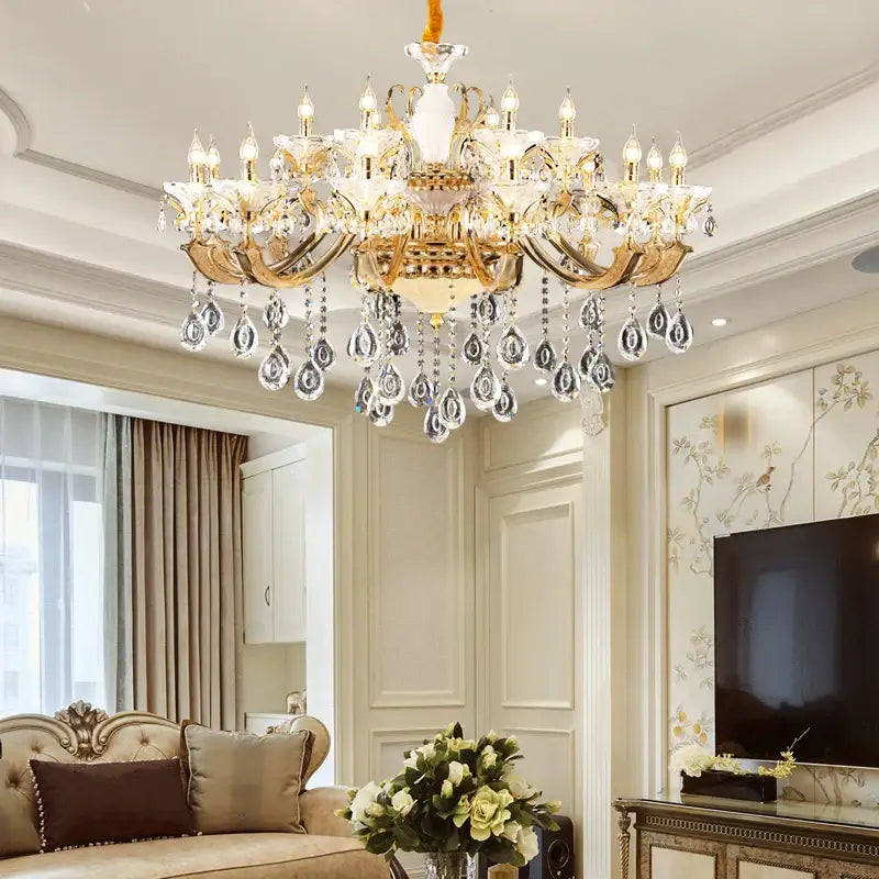Gold-toned decorbites elegant crystal chandelier with intricate crystal droplets and white ceramic fixture for living room decor
