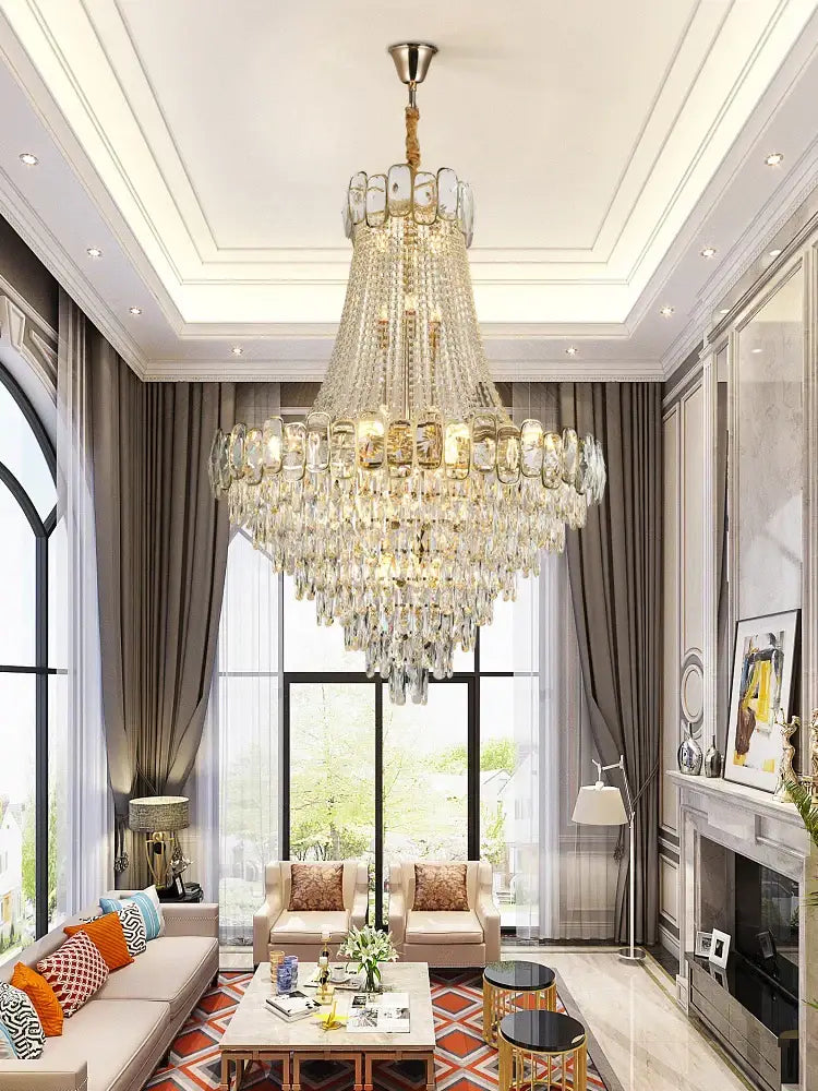 A decorbites elegant crystal chandelier led gold multi-tiered living room light with glass elements and metal frame