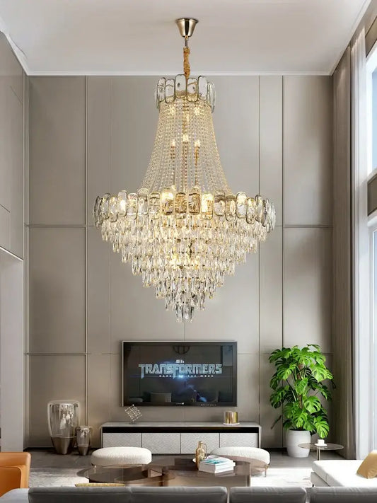 Elegant crystal chandelier led with a gold-toned metal frame and multi-tiered glass elements for living room decorbites