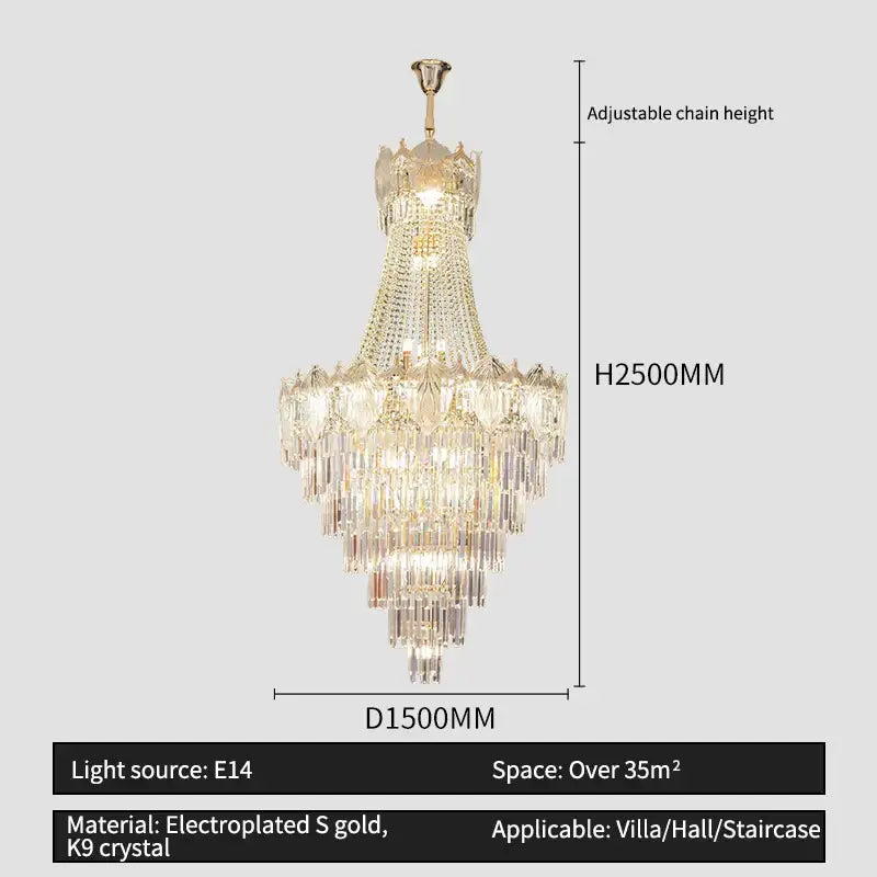 Luxurious decorbites elegant crystal duplex chandelier with gold electroplated finish and cascading k9 crystal prisms for grand spaces