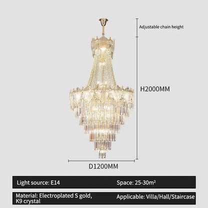 Gold-plated elegant crystal duplex chandelier with cascading k9 glass tiers and adjustable chain for living room decorbites elegant crystal