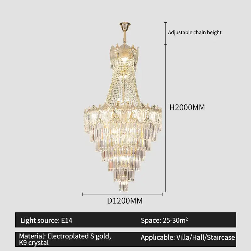 Gold-plated elegant crystal duplex chandelier with cascading k9 glass tiers and adjustable chain for living room decorbites elegant crystal