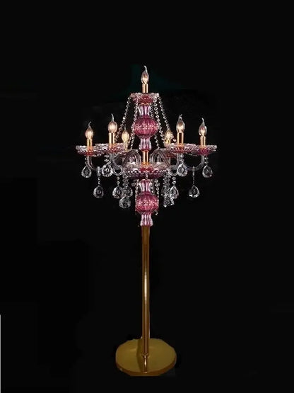 Elegant crystal floor lamp with pink crystal chandelier, gold-toned base, and clear glass droplets decorbites elegant crystal decor