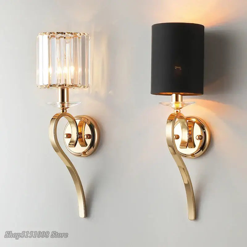 Elegant crystal gold wall lamp with black fabric shade featuring crystal accents for bedroom decorbites crystal gold style
