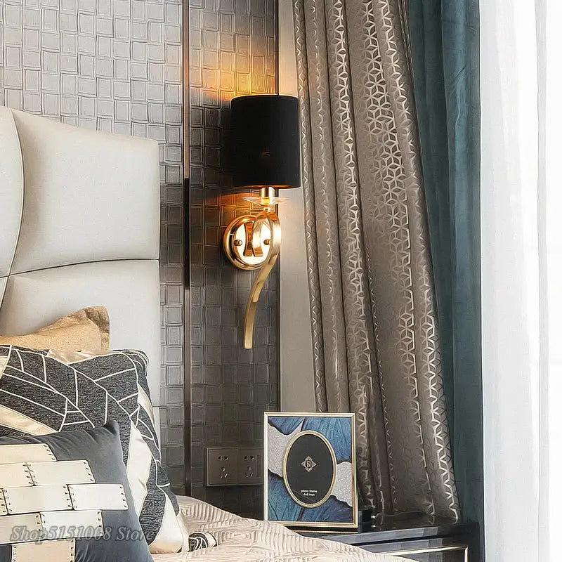 Elegant crystal gold wall lamp with gold-toned curved arm and black fabric shade for bedroom decorbites crystal gold style