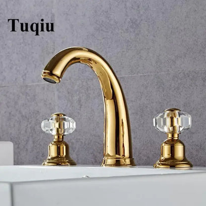 Elegant crystal handle gold basin faucet with decorbites crystal handle accents and three gold-finished handles for bathroom use