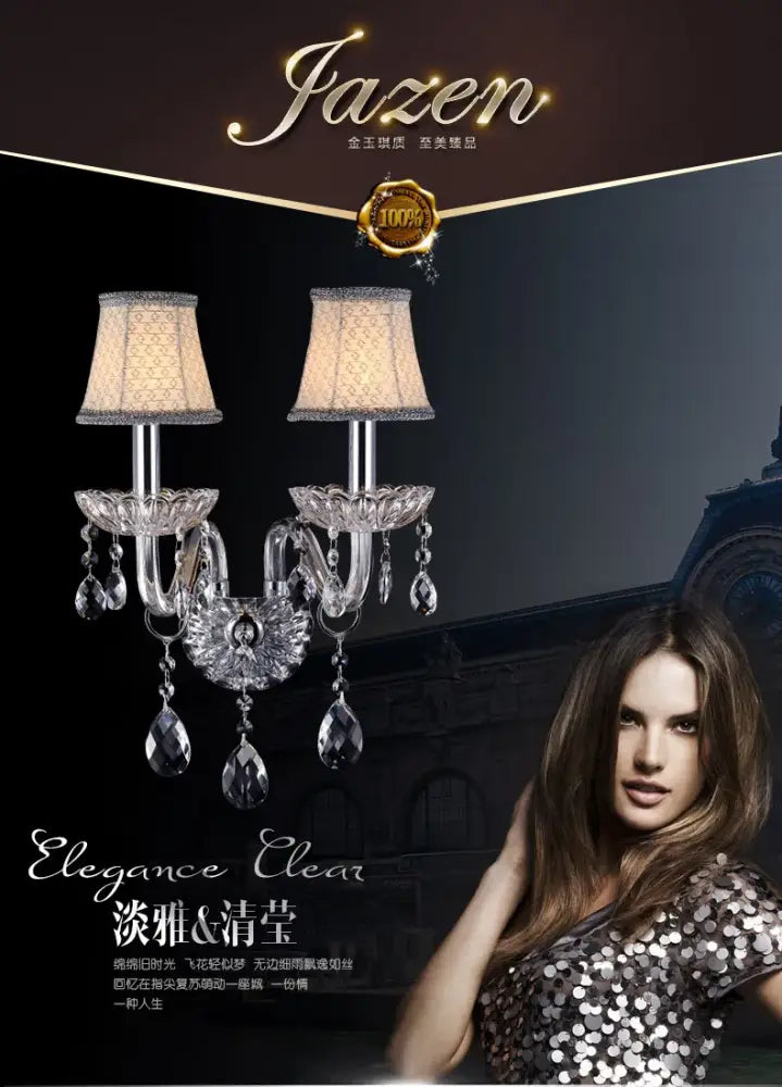 Jazen crystal lamp wall light with two beige silk lampshades and dangling teardrop crystals for elegant decorbites wall light