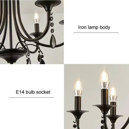 Black iron elegant crystal pendant chandelier with crystal droplets and candle style bulbs for dining room decorbites elegant crystal